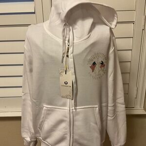 Handmade White Zip-Up Hoodie with Patriotic 250th Anniversary Flag Eagle Graphic